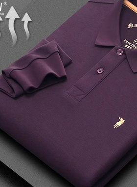 高级感刺绣polo衫男2025年秋冬新款重磅纯棉翻领长袖t恤紫色上衣