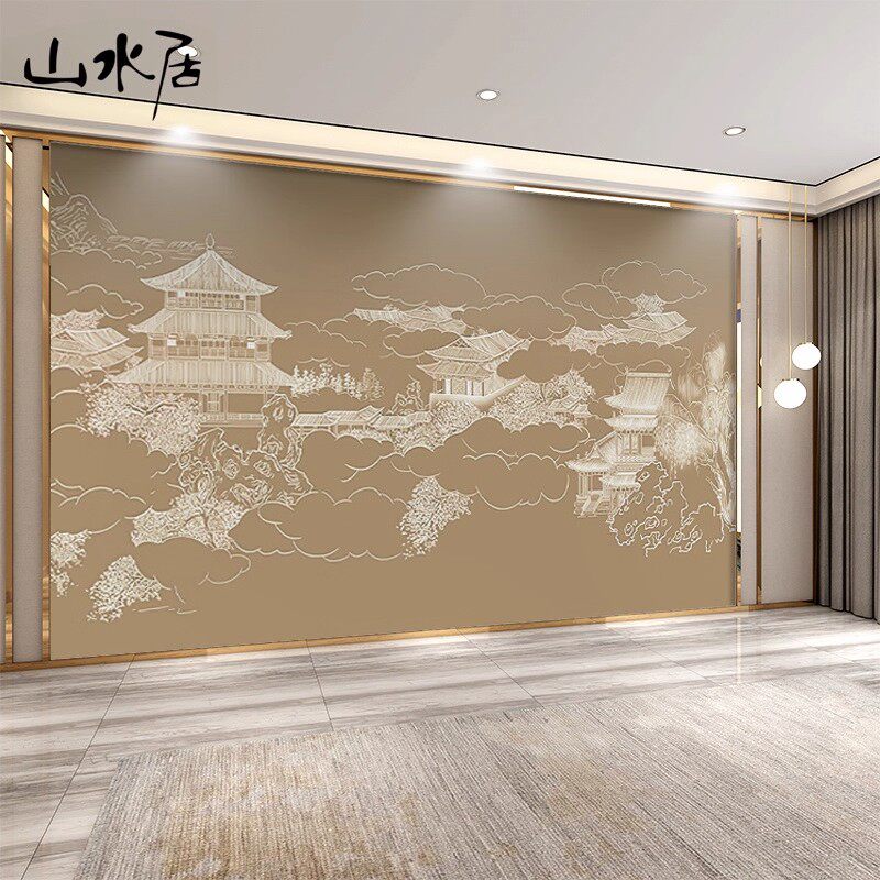 新中式山水楼阁浮雕竹木纤维电视背景墙碳晶板茶室酒店集成护墙板