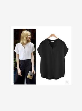 欧美夏装特大码200斤胖MM宽松显瘦胖妹雪纺短袖T恤女衬衣白色衬衫