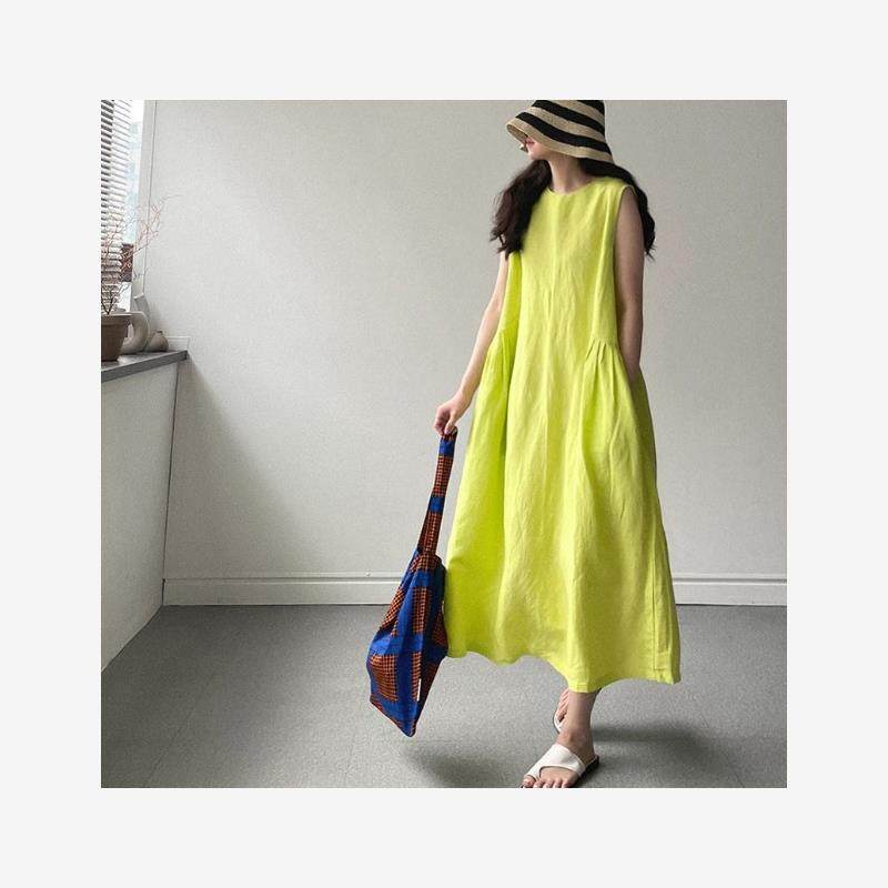 慵懒冷淡风背心裙波西米亚海边度假风中长款无袖棉麻连衣裙