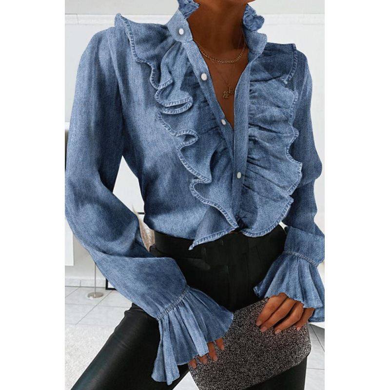 欧美女夏季荷叶边喇叭袖压褶长袖衬衫 ruffled long sleeve shirt