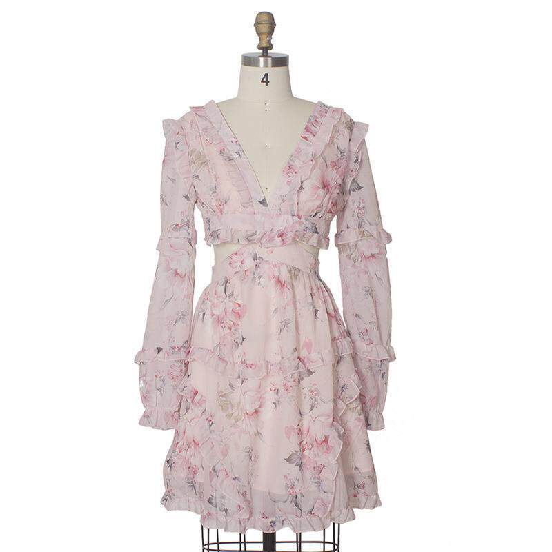 粉色气质修身裙子雪纺连衣裙法式印花V领长袖短裙Dress women