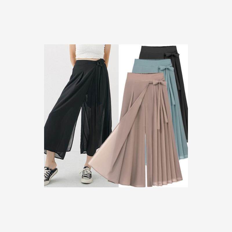 亚马逊外贸2023春夏新款女式大码休闲阔腿裤雪纺压褶长裤纯色裤裙 - 志当存高远33的小店出品