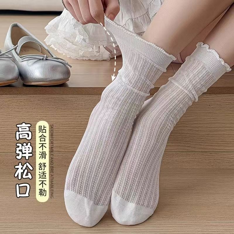 超薄透气网眼长筒棉袜女夏季堆堆