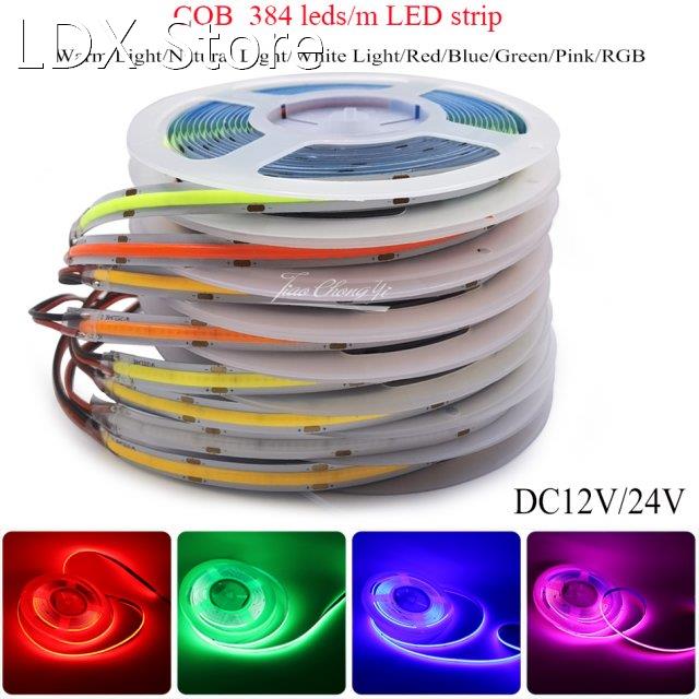 5m DC12V 24V COB FOB 384Leds/m Led Flexible Strip Red Green