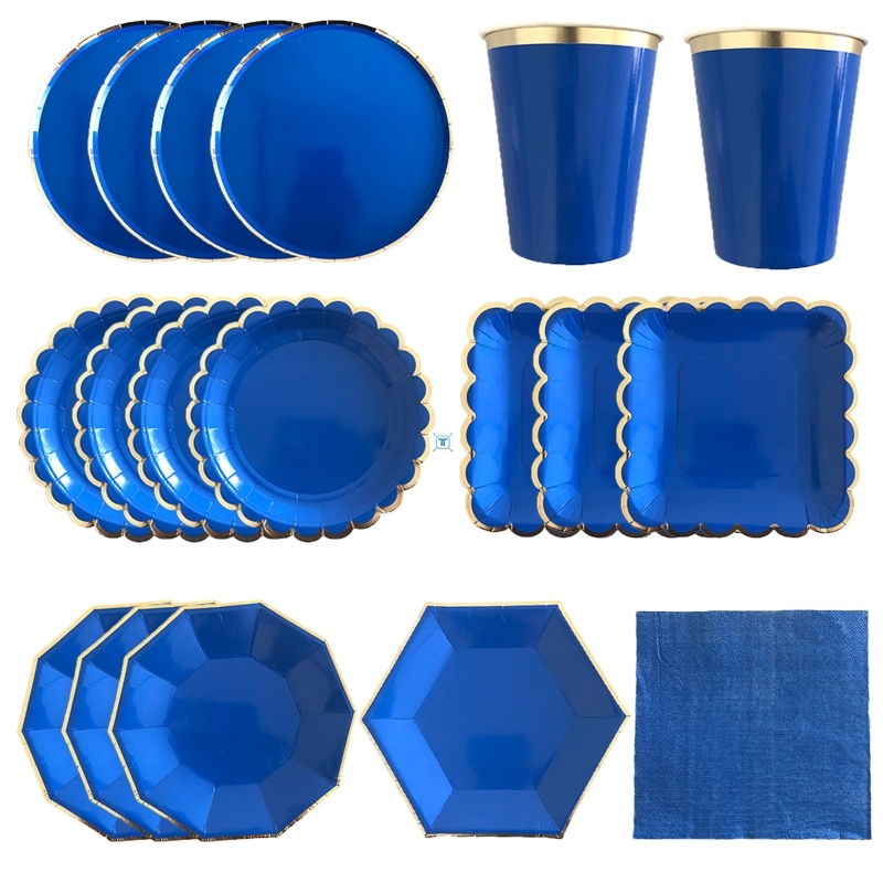Blue Disposable Tableware Set Party Paper Straw Cup Plates