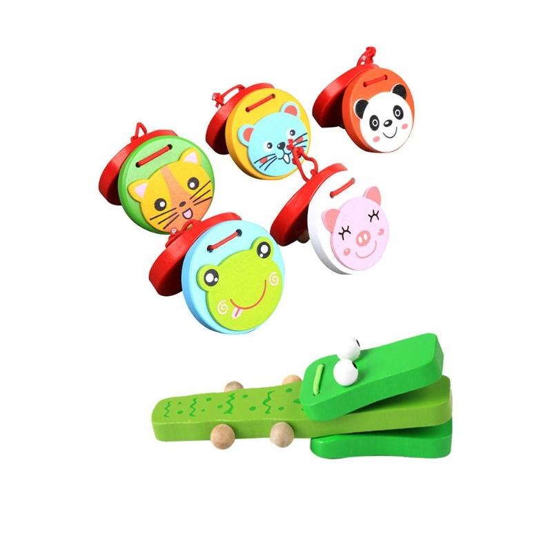 Baby Wooden Castanet Clapper Handle Rattle Toy Cartoon Kids