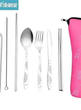 8pcs/set Spoon Fork Set Stainless Steel Chopstick Straw Set