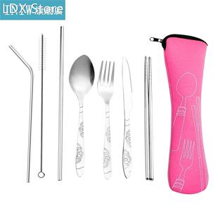 8pcs/set Spoon Fork Set Stainless Steel Chopstick Straw Set