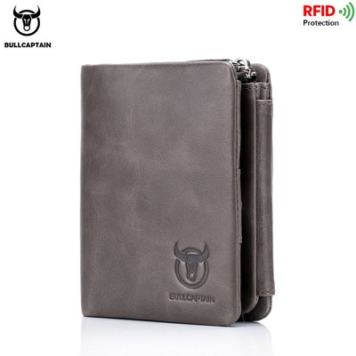 BULLCAPTAIN brand leather RFID retro wallet men's small zip