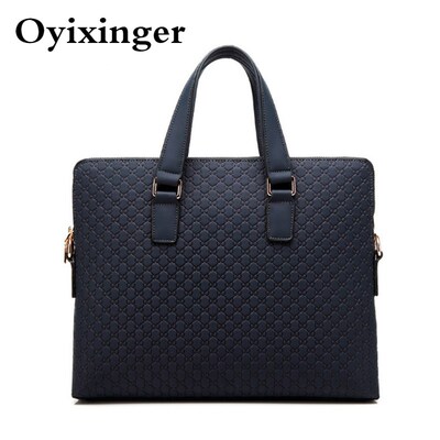 Double Zipper Genuine Leather Men Briefcase Blue Shoulder D