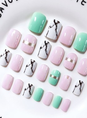 24pcs New Full Cover Fake Nails Finished Marble White Pink B
