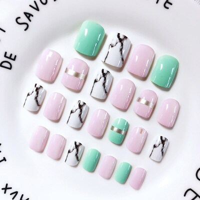 24pcs New Full Cover Fake Nails Finished Marble White Pink B