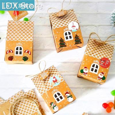 24 Sets Christmas House Gift Box Kraft Paper Cookies Candy B