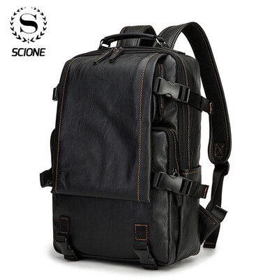 Scione 2020 New PU Leather Backpack Men Travel Hiking Sport