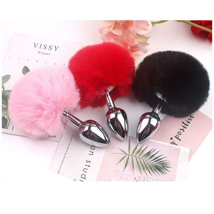 Plush Ball Rabbit Tail Anal Plug Stainless Steel Prostate M