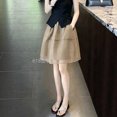 欧根纱半身裙女2026夏季新款高腰显瘦遮胯a字裙短裙小个子蓬蓬裙