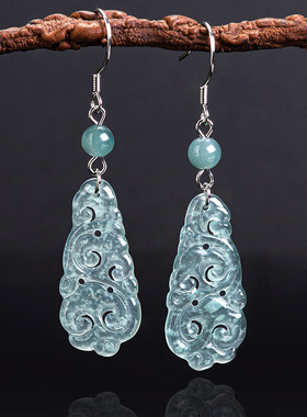 翠莹福天然A货翡翠蓝水如意耳环S925银冰种玉石耳环古风耳饰D313