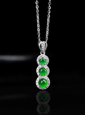 翠莹福天然A货翡翠阳绿四季豆冰种玉石吊坠S925银镶女款玉坠D780