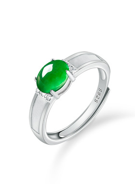 翠莹福S925银镶天然A货翡翠阳绿蛋面戒指冰种玉石女款可调节D815