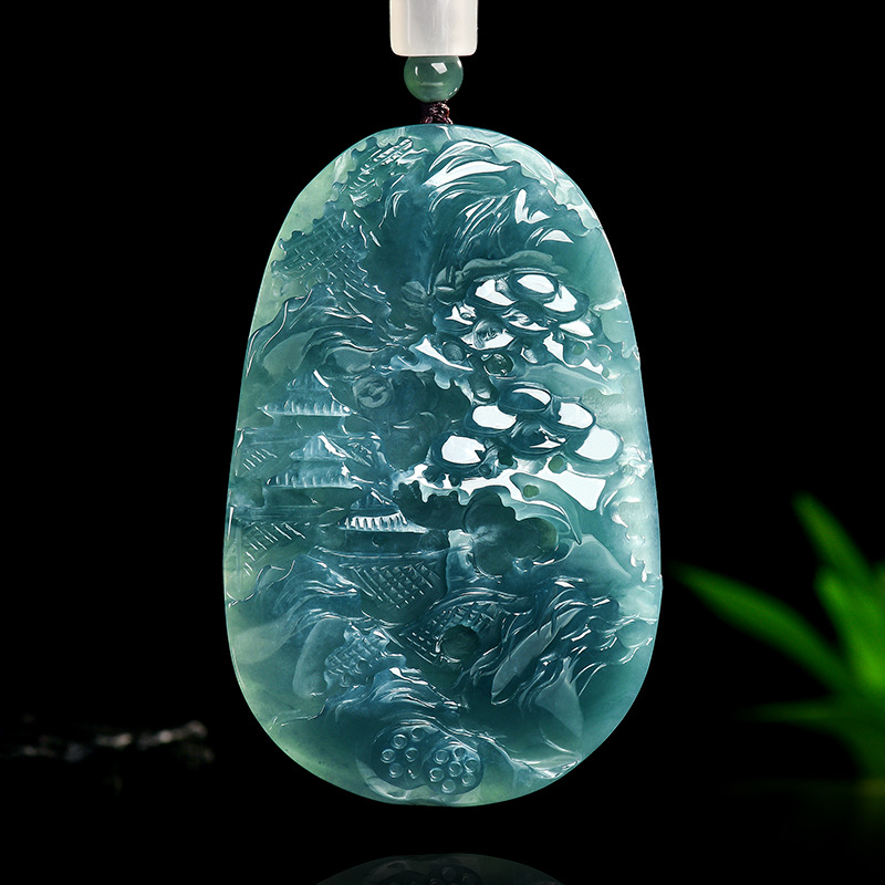天然a货翡翠糯冰种青山水牌吊坠