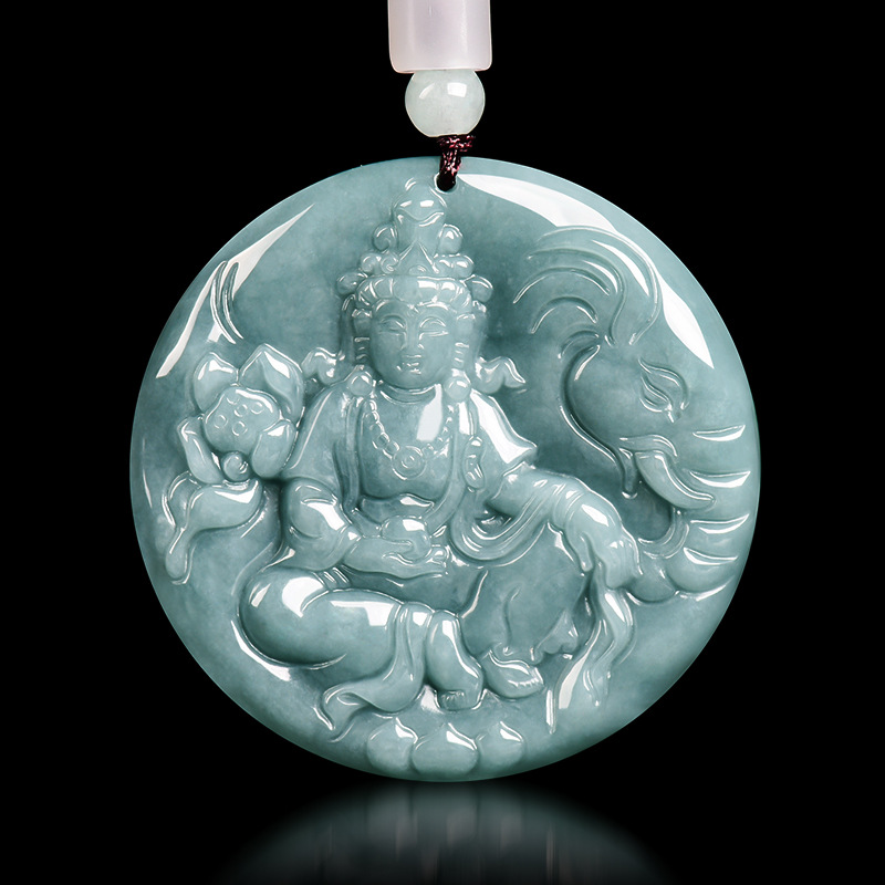 翠莹福天然a货翡翠蓝水观音普贤菩萨糯种玉石吊坠龙蛇守护神 GY03