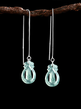 翠莹福天然A货翡翠蓝水古风水滴耳线S925银镶款冰种玉石耳环D1029