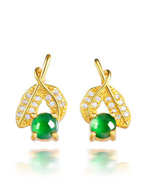 翠莹福天然A货翡翠樱桃阳绿冰种玉石耳钉S925银时尚女款D901 D902