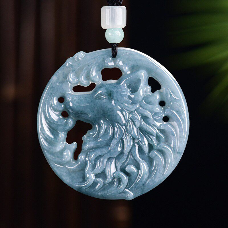 翠莹福A货翡翠蓝水狼头精工挂件