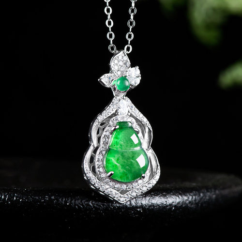 翠莹福天然a货翡翠阳绿葫芦S925银镶冰种玉石吊坠女款时尚 D315