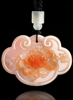 翠莹福天然缅甸a货翡翠烧红如意牡丹吊坠冰种玉石项链男女款HJ112