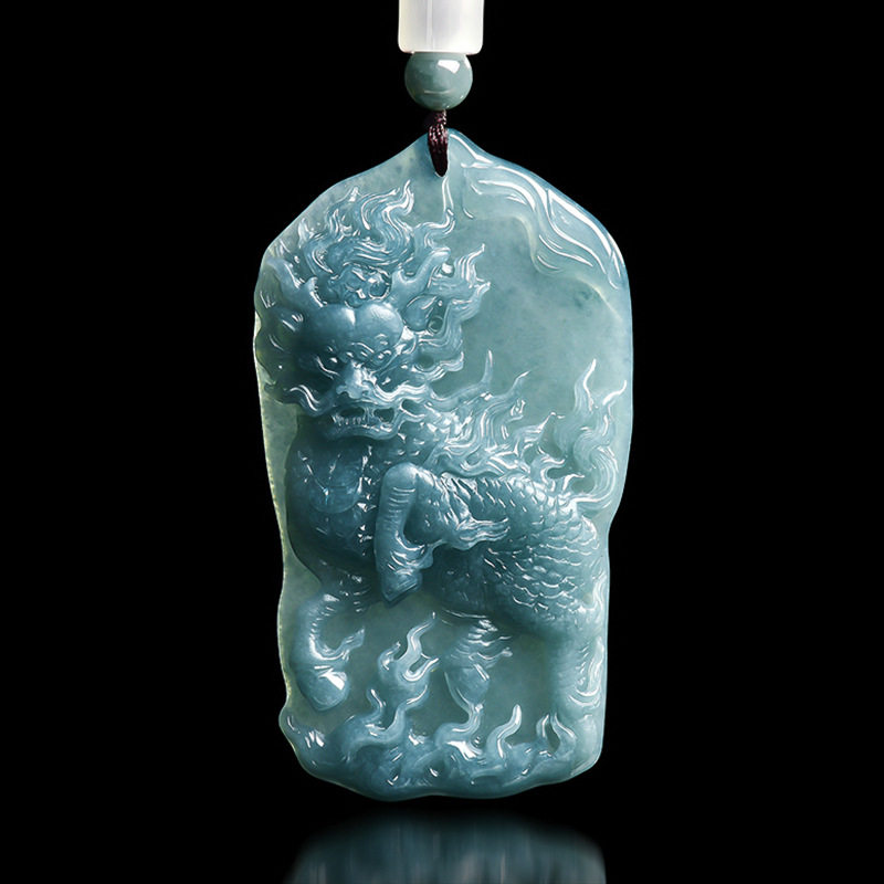 翠莹福A货翡翠蓝水火麒麟玉佩坠