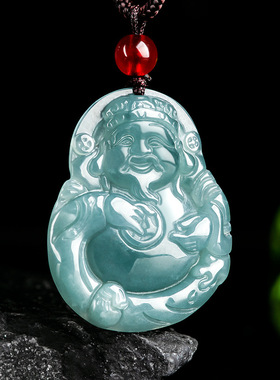 翠莹福天然A货翡翠蓝水财神吊坠通财冰种玉石男女挂件玉佩FG33