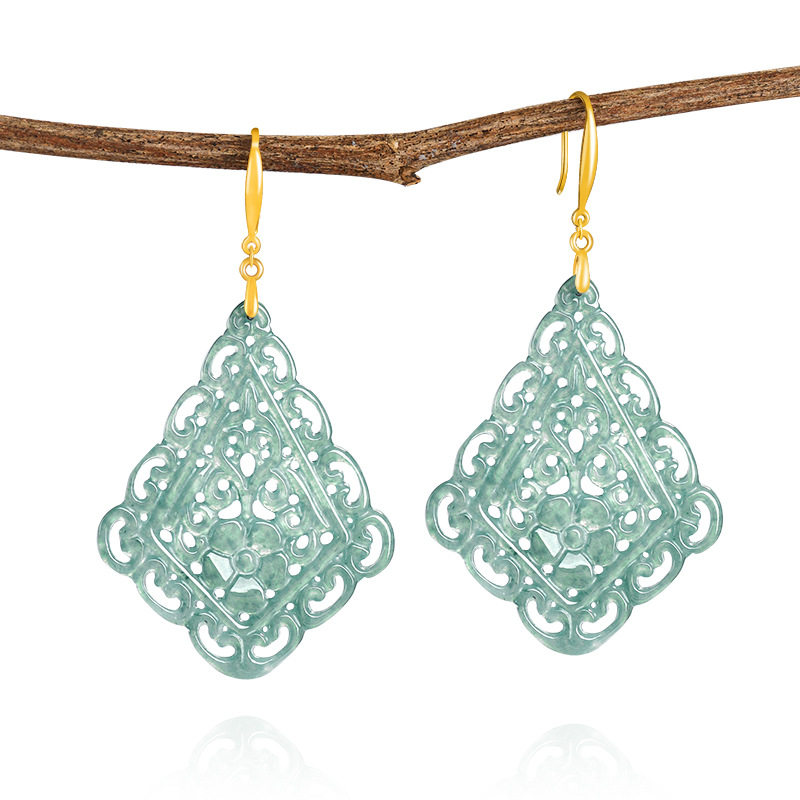 翠莹福S925银镶天然A货翡翠蓝水镂空吉祥纹冰种玉石古风耳坠D1013