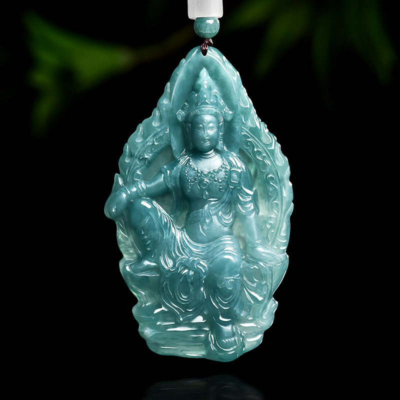 翠莹福天然a货翡翠蓝水自在观音吊坠冰种玉挂件项链女款玉佩E032