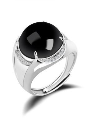 翠莹福S925银镶嵌天然A货翡翠墨翠蛋面戒指冰种玉石指环男戒D654