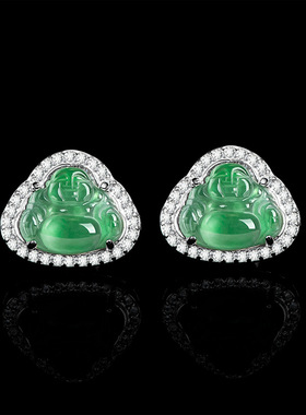 翠莹福高档天然A货翡翠阳绿佛公耳钉冰种玉石时尚S925银耳饰D755