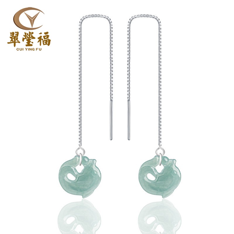 天然翡翠货蓝水海豚耳线s925