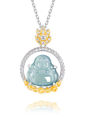 翠莹福天然a货翡翠蓝水佛公S925银冰种玉石吊坠玉坠女款项链D774