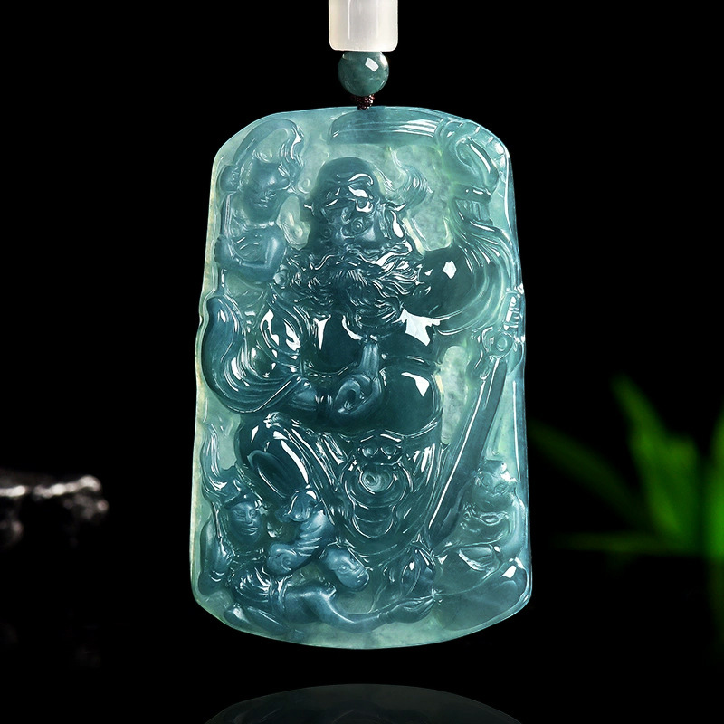 天然A货翡翠蓝水钟馗降魔玉吊坠