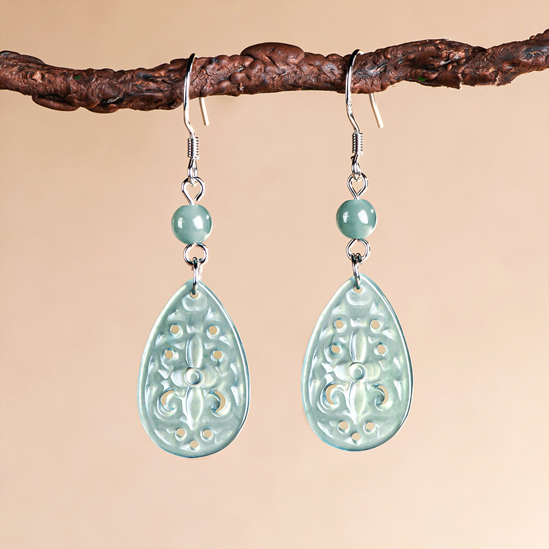 翠莹福天然A货翡翠蓝水镂空水滴耳环古风S925银冰种玉石女款 D931