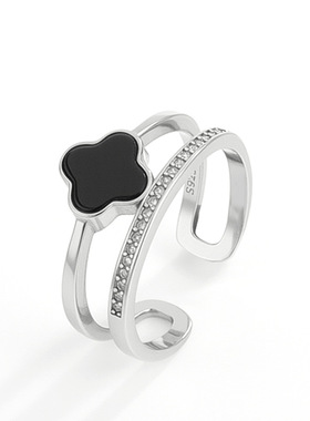 翠莹福天然墨翠A货翡翠墨玉四叶草戒指925银镶嵌玉石时尚女款D962