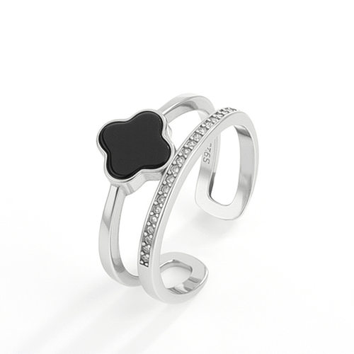 翠莹福天然墨翠A货翡翠墨玉四叶草戒指925银镶嵌玉石时尚女款D962