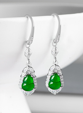 翠莹福S925银天然A货翡翠阳绿耳环葫芦耳饰冰种玉石高档耳坠D023