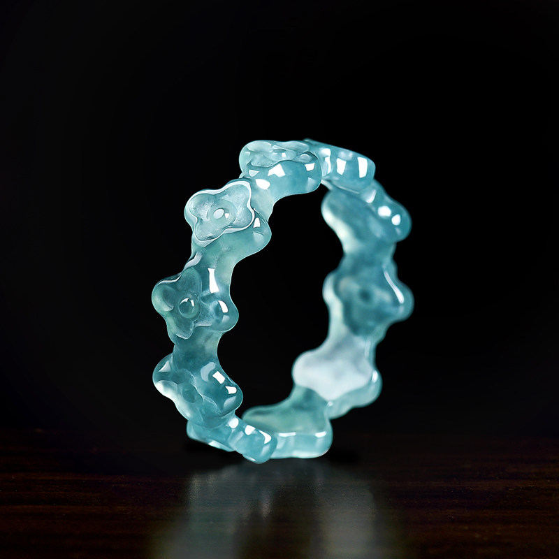翠莹福天然翡翠A货蓝水立体四叶草戒指冰种玉石玉戒女款JZ26