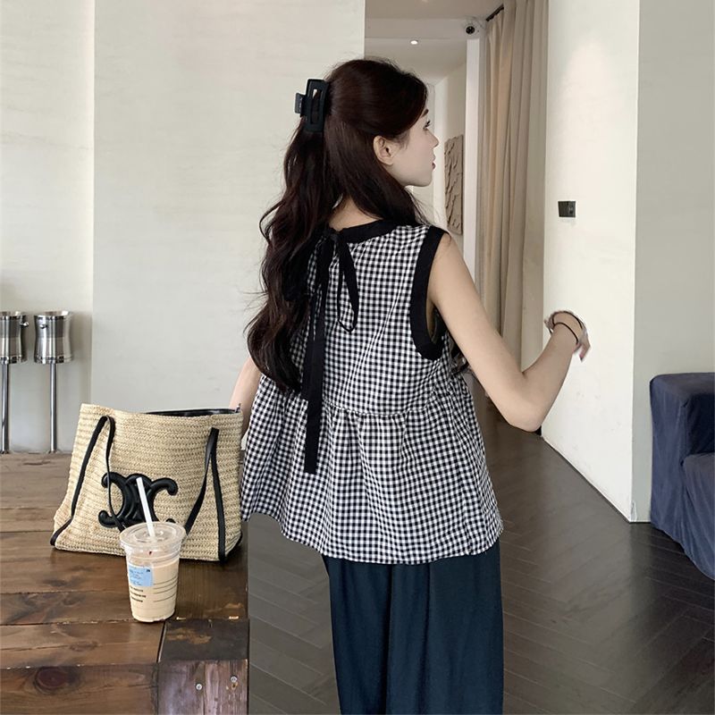 撞色黑白格子气质无袖背心娃娃衫女夏蝴蝶结绑带韩系宽松显瘦上衣
