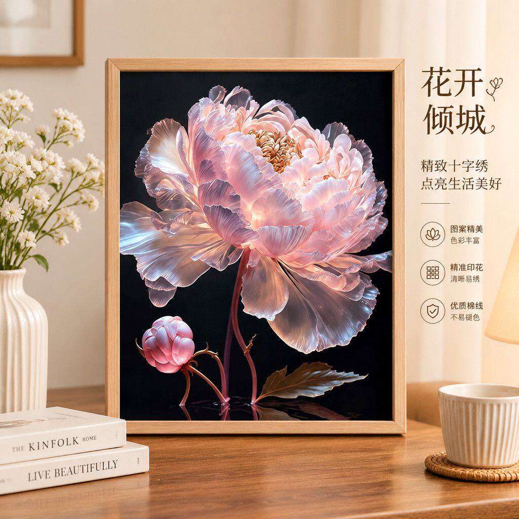 牡丹花十字绣2026新款套件植物花卉简单手工diy刺绣简单挂画装饰