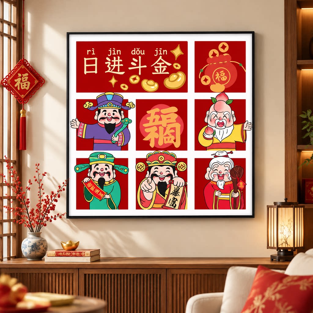 日进斗金五福财神十字绣新款卡通福禄寿喜财客厅玄关手工绣挂画