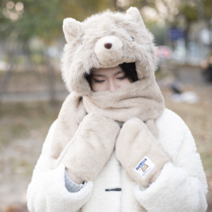 帽子女冬季保暖围巾手套一体可爱小狗熊连帽毛绒围脖口罩三件套