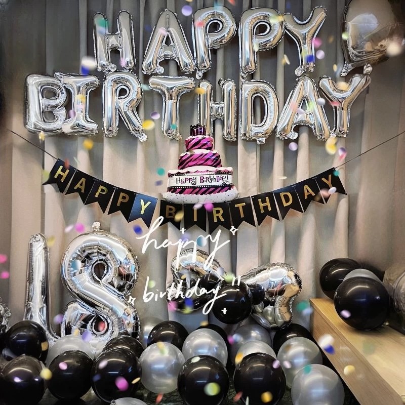 银色英文生日快乐铝膜气球套装数字造型派对装饰生日场景布置用品